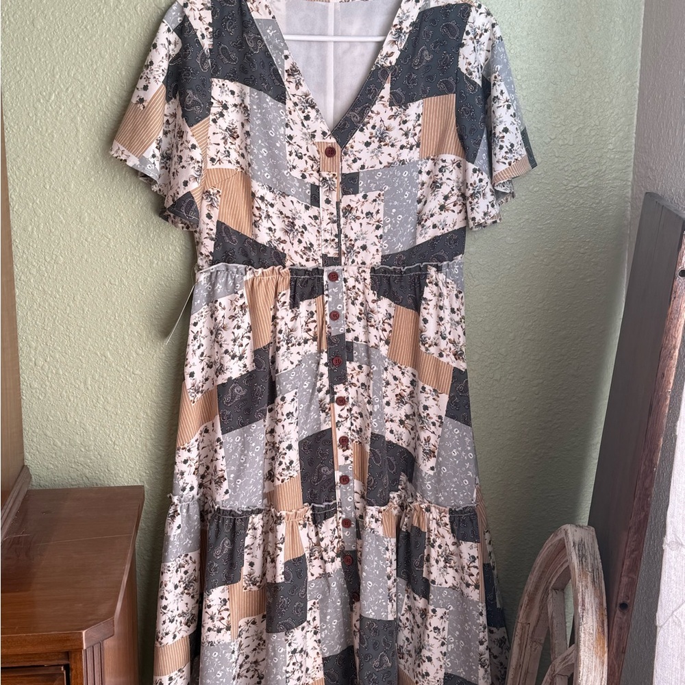 Patchwork V-Neck Button-Down Dress NWT - image 1